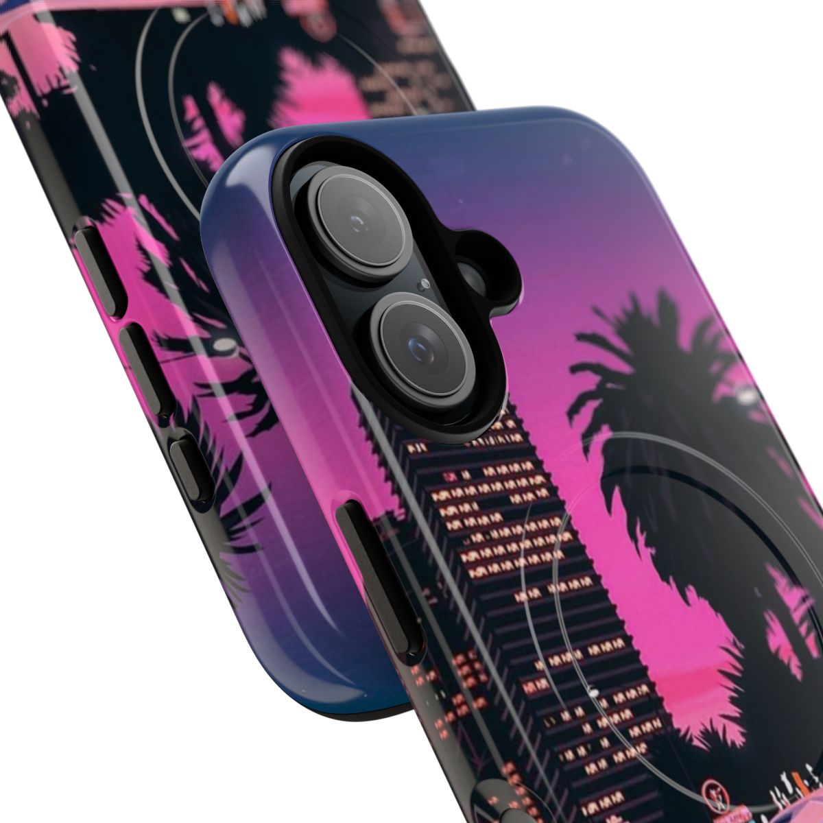 Retro aesthetic art phone case featuring a vaporwave-inspired city skyline with palm trees and neon grid - Detail