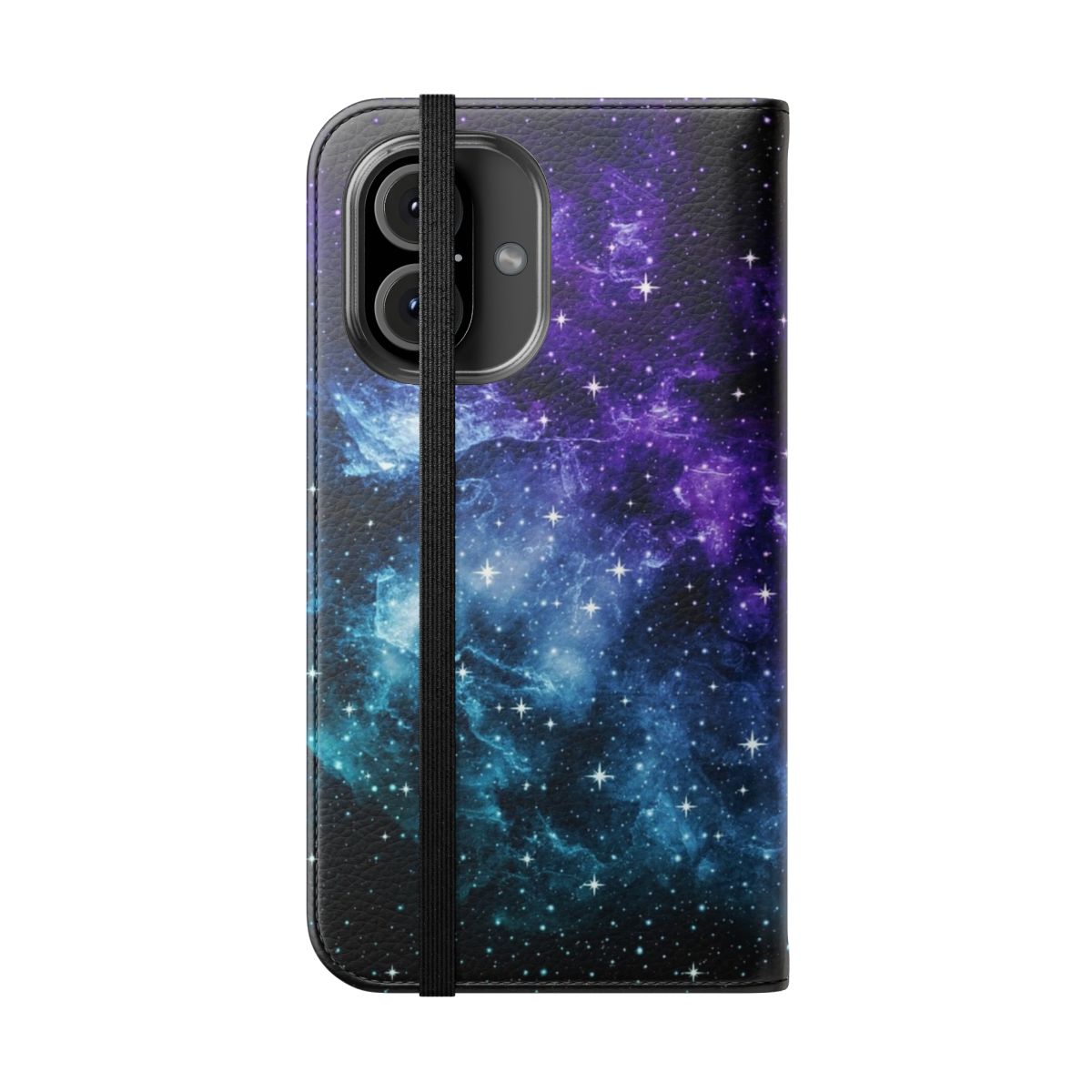 A vibrant and mesmerizing phone case cover featuring a dreamlike galaxy nebula design in shades of purple and teal. - Folded Front