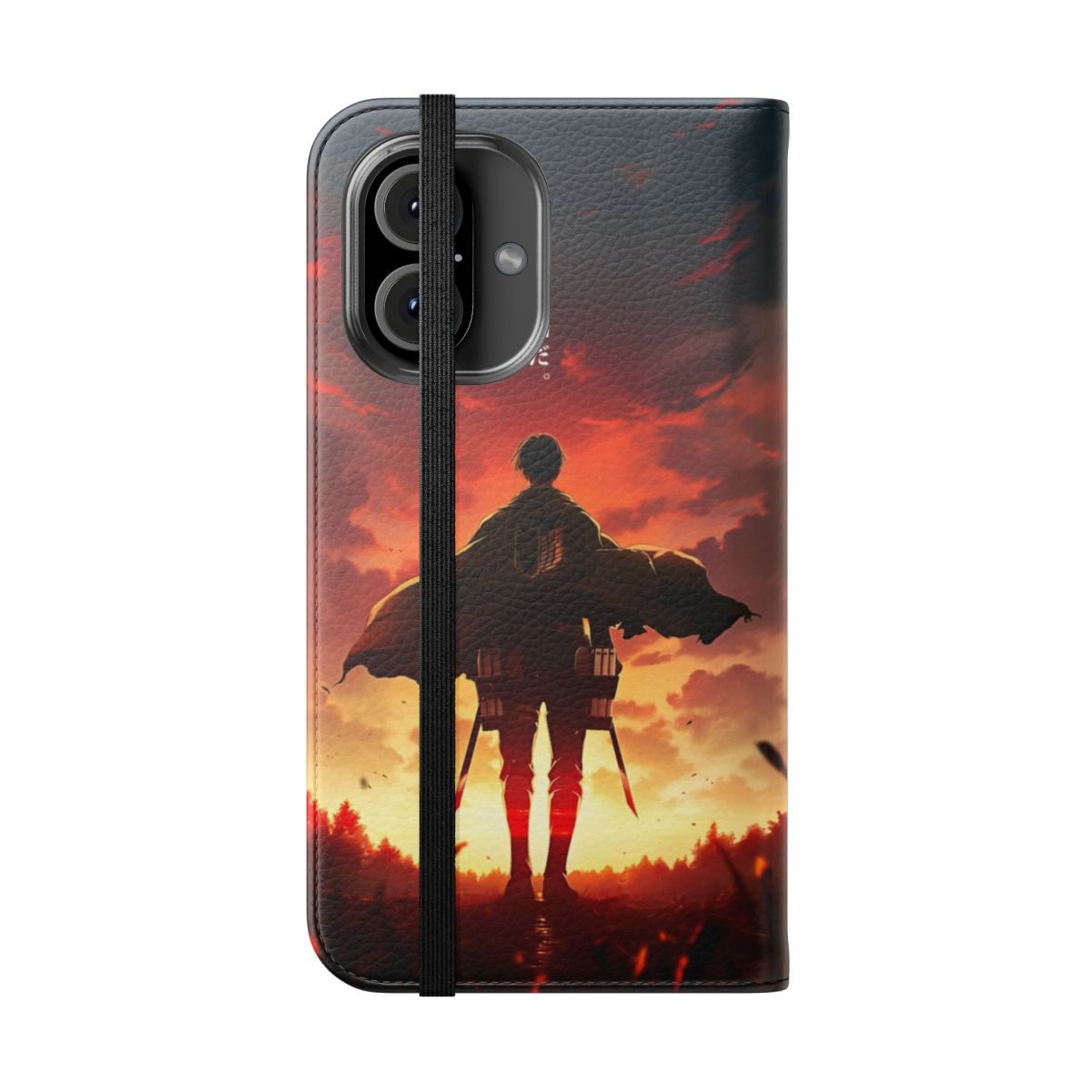 Anime-themed phone case featuring a design inspired by the popular series "Attack on Titan" and character Levi Ackerman. - Folded Front