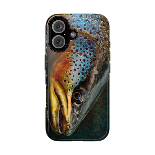 A tough, magnetic phone case featuring a vibrant depiction of a wild brown trout.