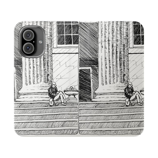 Flip cover phone case with an image of a person reading a book on the steps of a museum