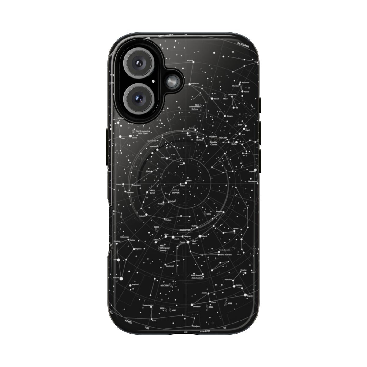 Closeup image of a constellation-themed phone case with a magnetic closure.