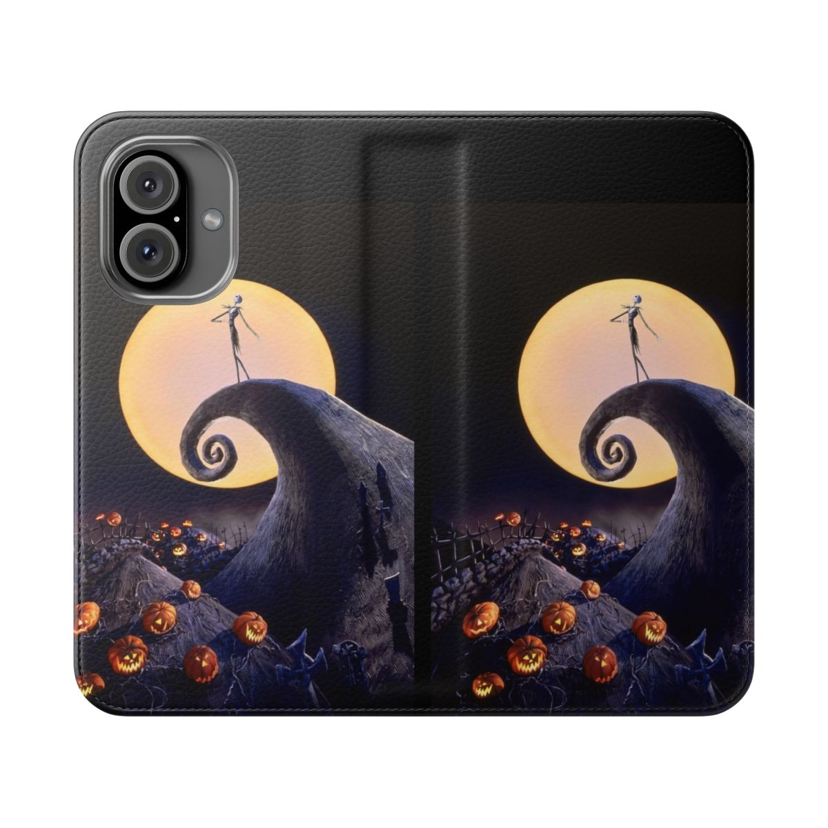 A flip cover phone case featuring the iconic characters and imagery from the beloved film The Nightmare Before Christmas.