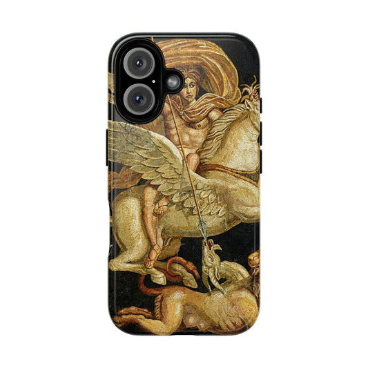 Phone case featuring a design of Bellerophon riding Pegasus and fighting the Chimera, a mythical creature from classical Greek mythology.