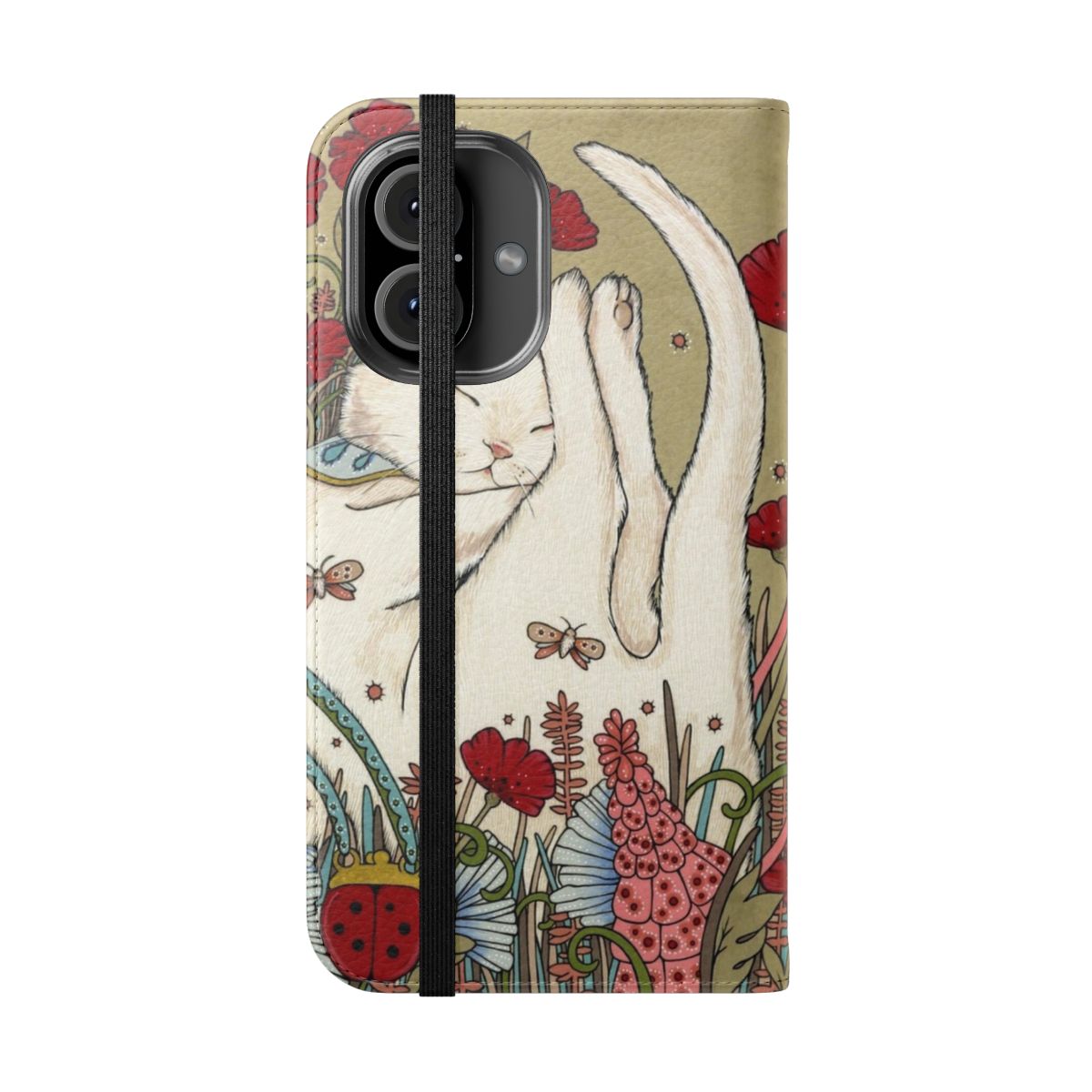 Flip cover phone case with a vibrant poppy and ladybug design - Folded Front