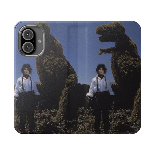 Retro flip cover phone case with dinosaur and horror-themed design