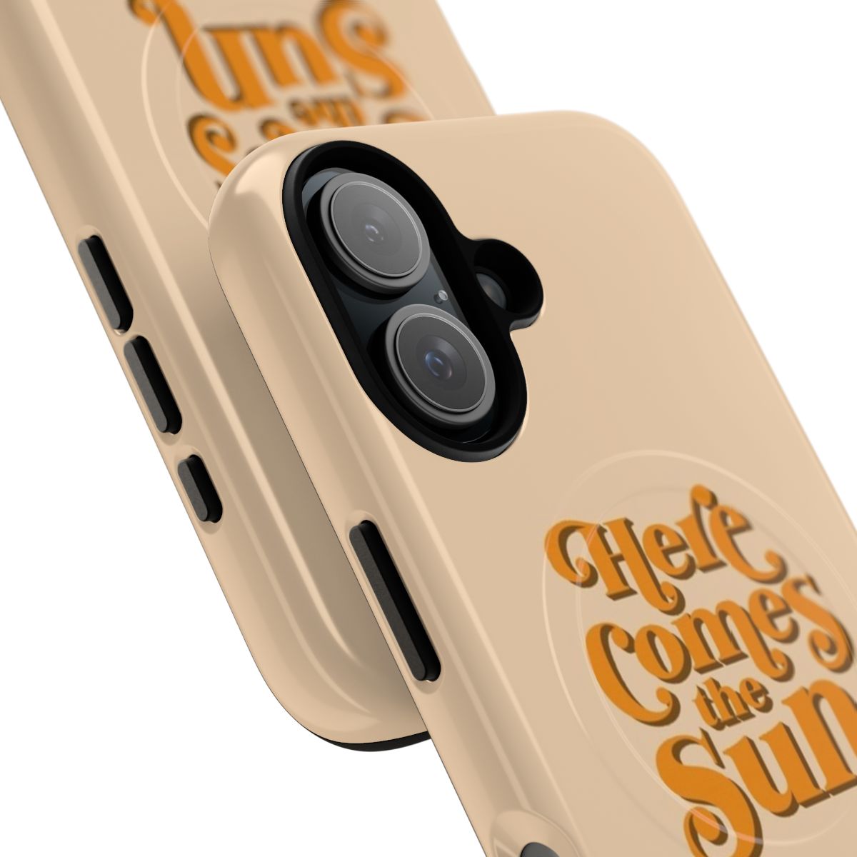 Classic rock-inspired magnetic phone case design with "Here Comes the Sun" text and typography - Detail