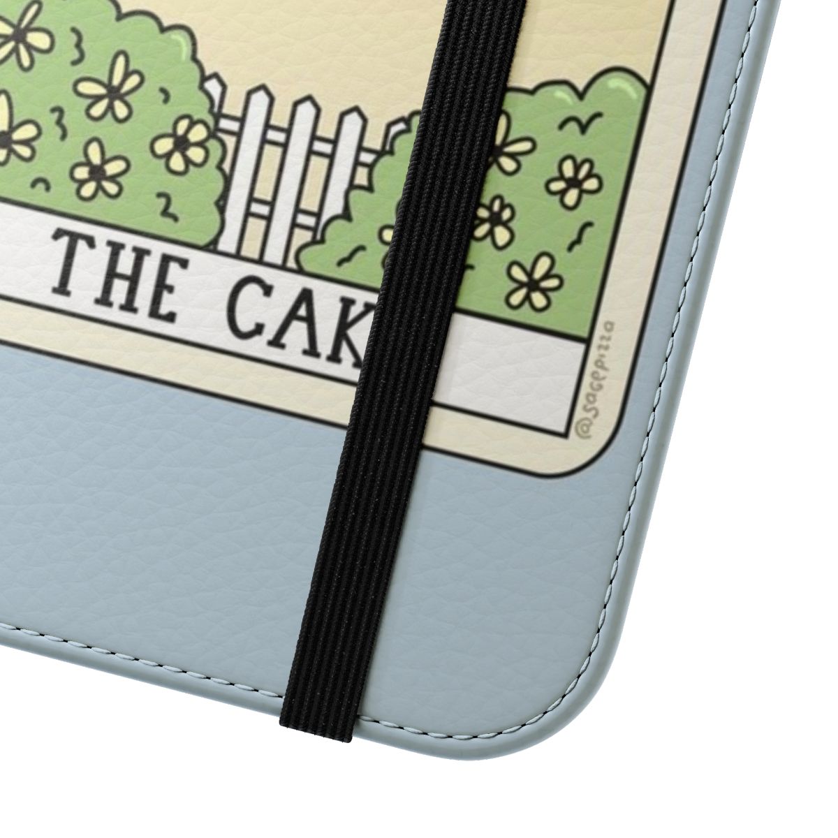 Vibrant flip phone case with a whimsical cake and tarot card design - Close Up