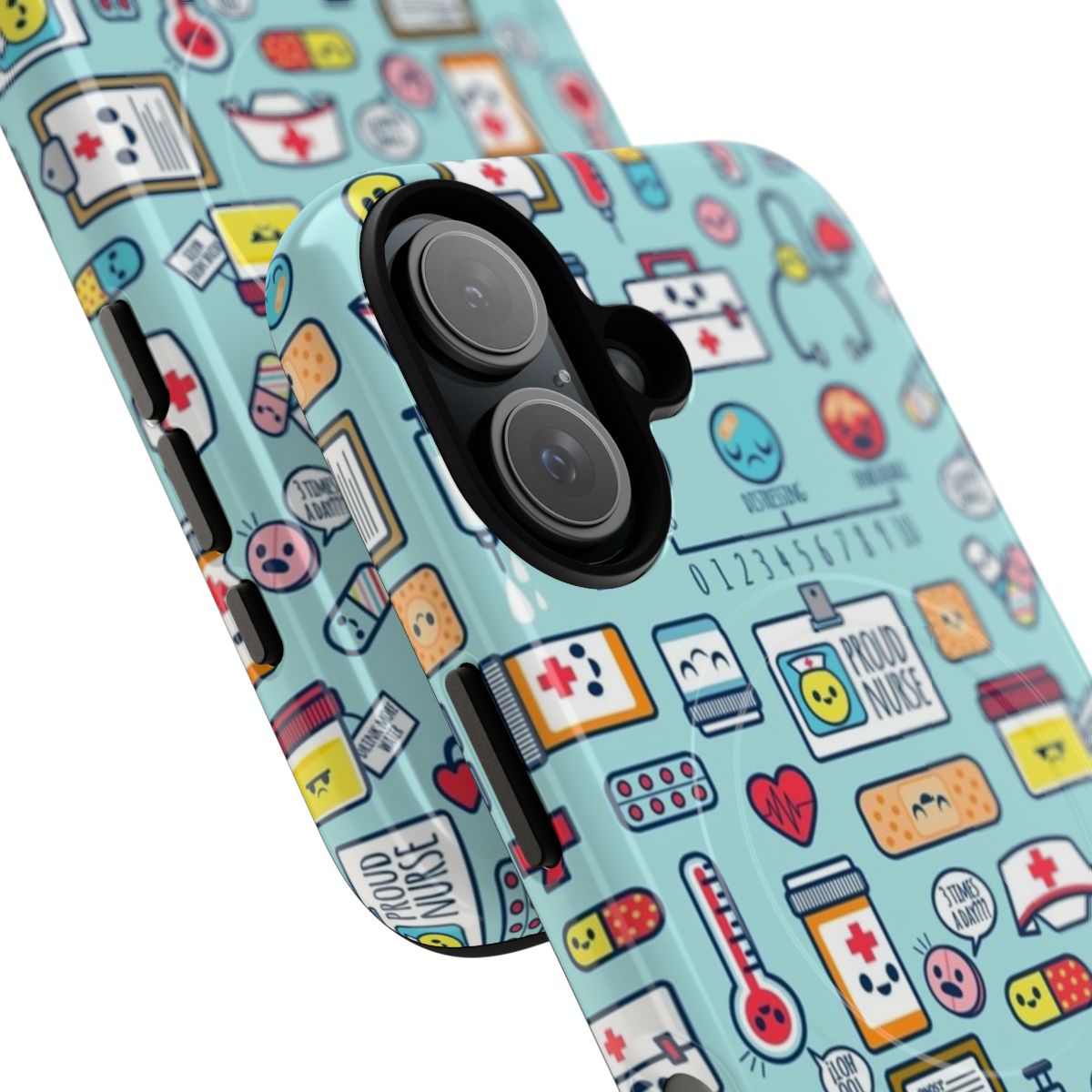 Blue phone case with a cute nurse-themed surface pattern design - Detail