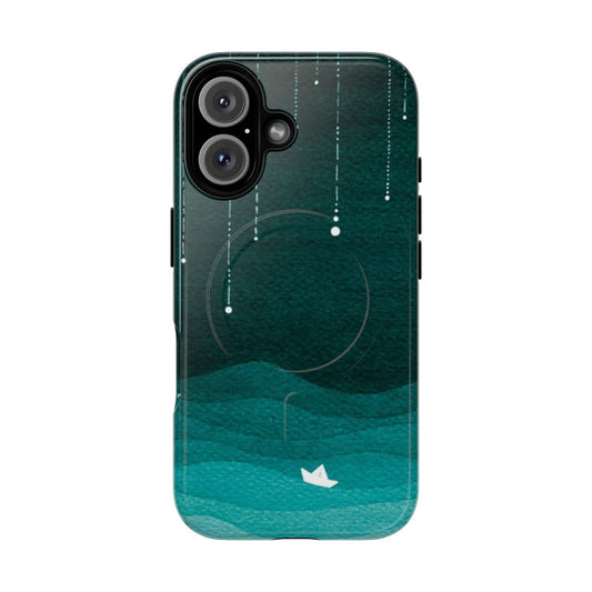 Teal phone case featuring a watercolor design of falling or shooting stars