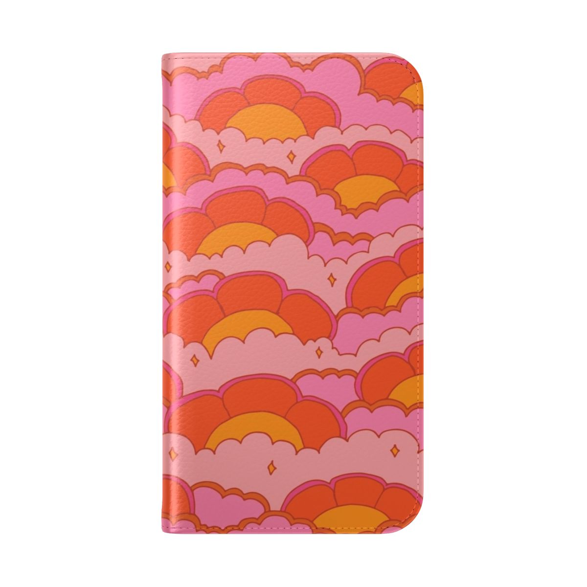 Retro psychedelic phone case with a vintage graphic design featuring sunset, flower power, and groovy patterns. - Folded Back