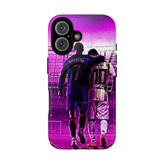 Colorful phone case featuring Lionel Messi and Cristiano Ronaldo, popular football/soccer players.