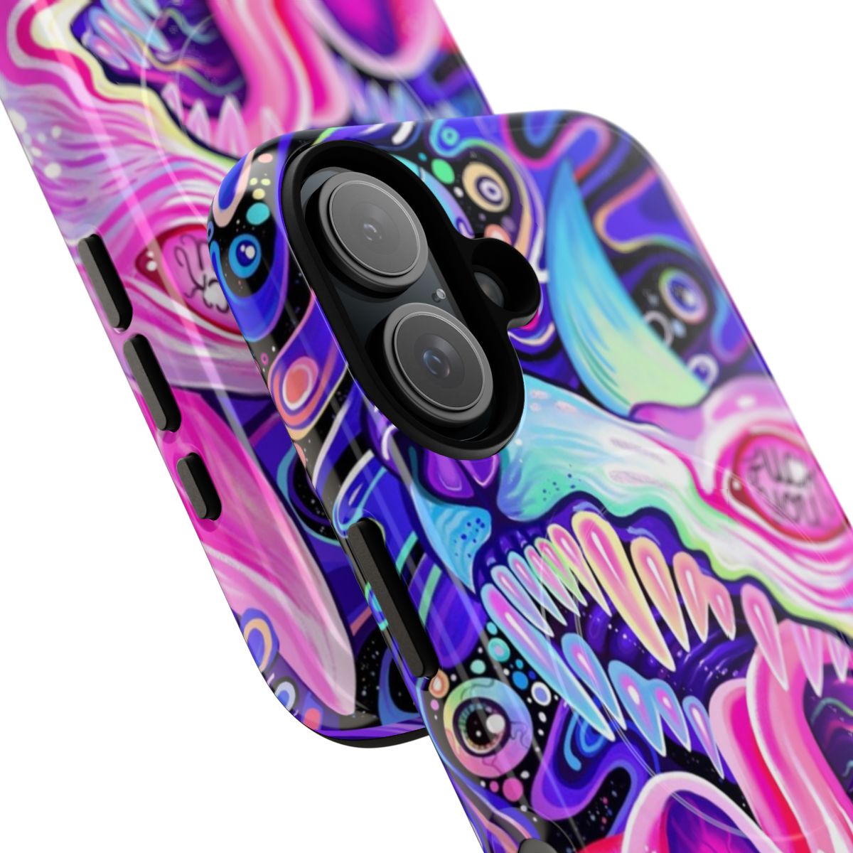 Colorful and stylish phone case with a psychedelic, glitter wolf design - Detail