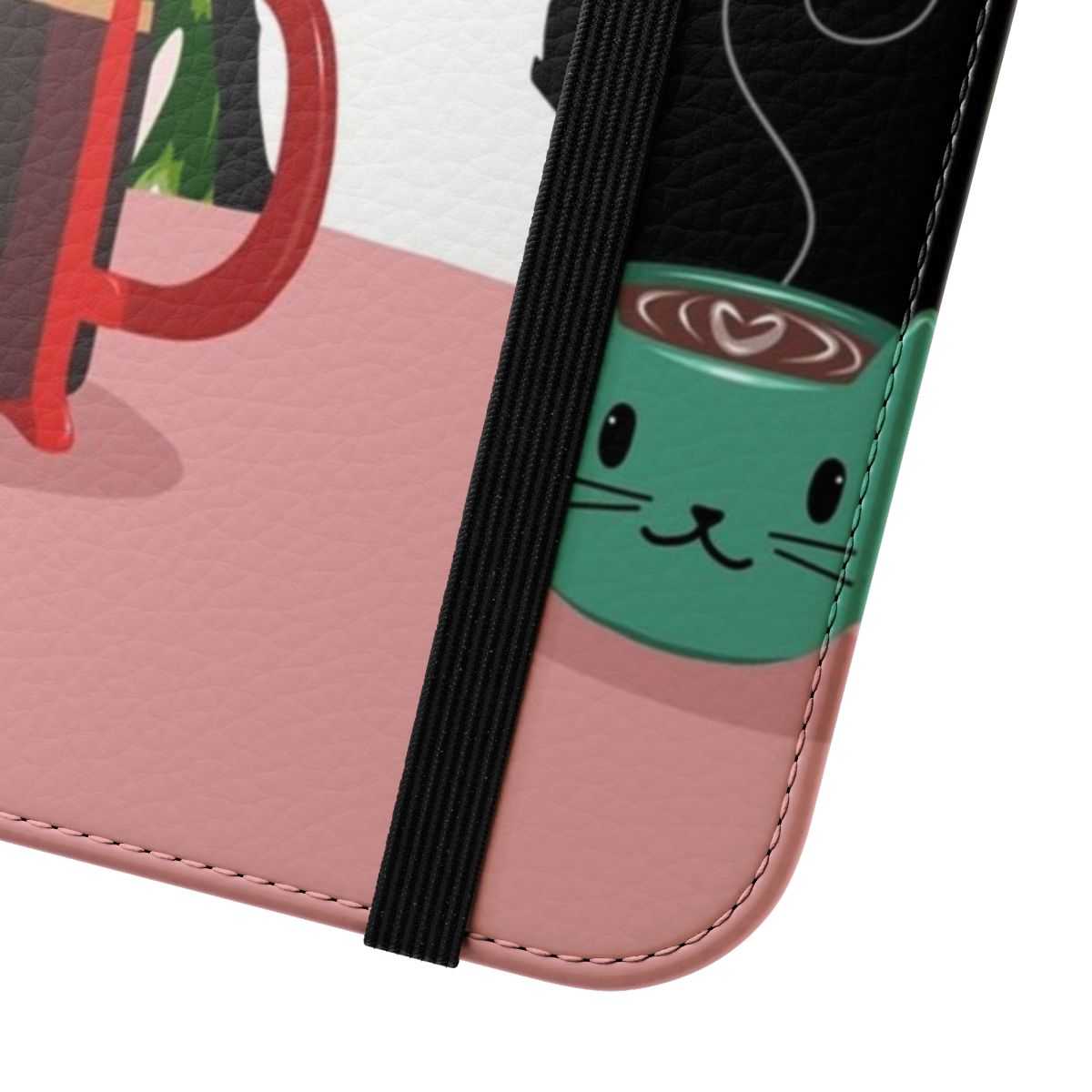 Flip phone case featuring a tuxedo cat and coffee french press design with monstera leaves - Close Up