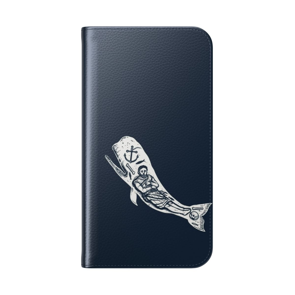 Flip cover phone case with a religious design featuring the biblical story of Jonah and the Whale. - Folded Back