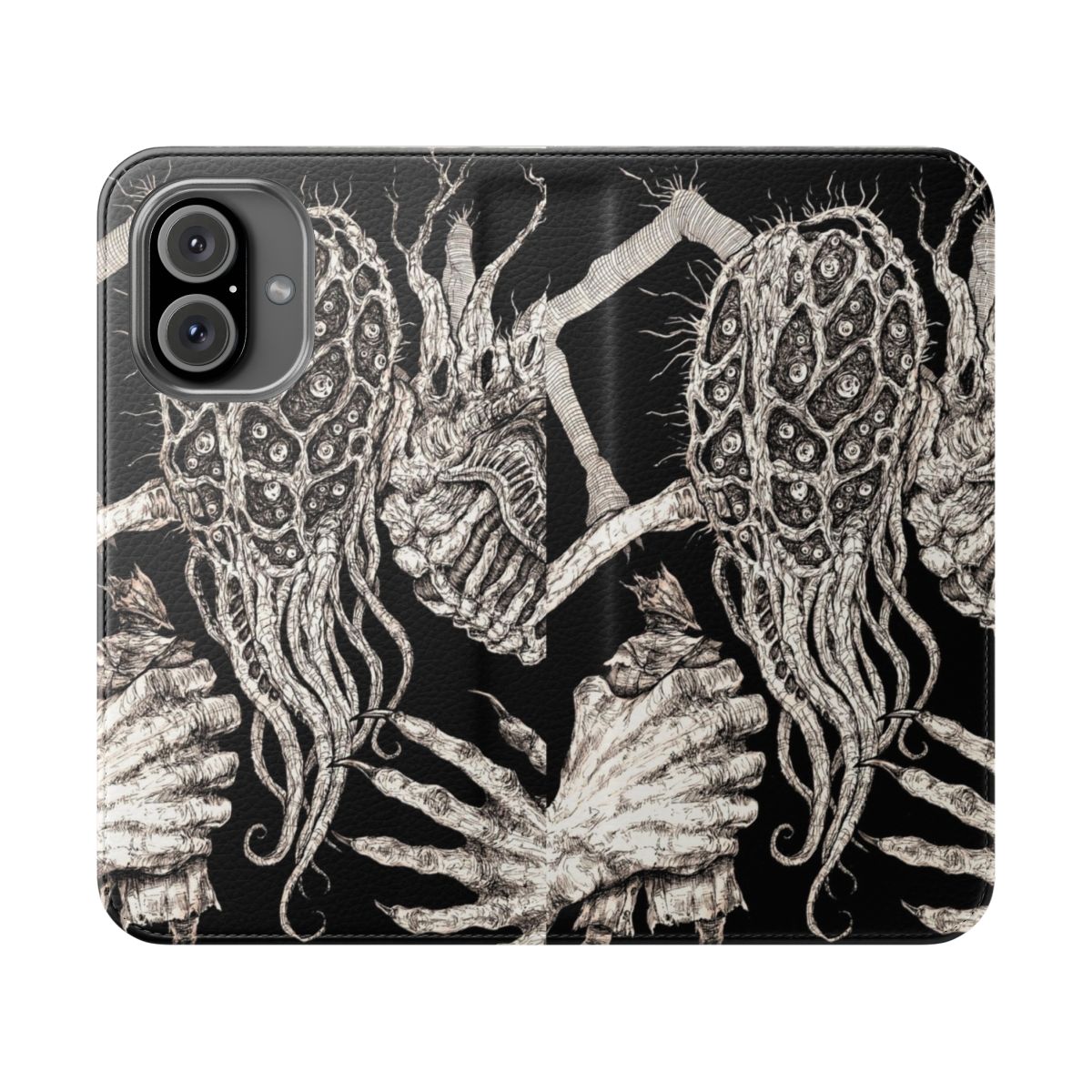 Terrifying horror-themed flip phone case with amygdala and other dark, creepy imagery