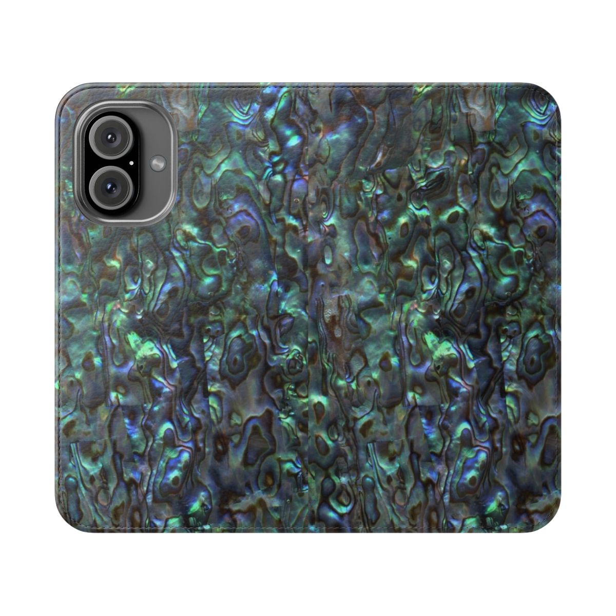 Flip cover phone case with natural paua shell and seashell patterns