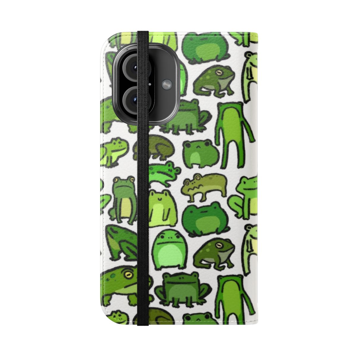 A close-up photo of a green frog-themed flip phone case - Folded Front