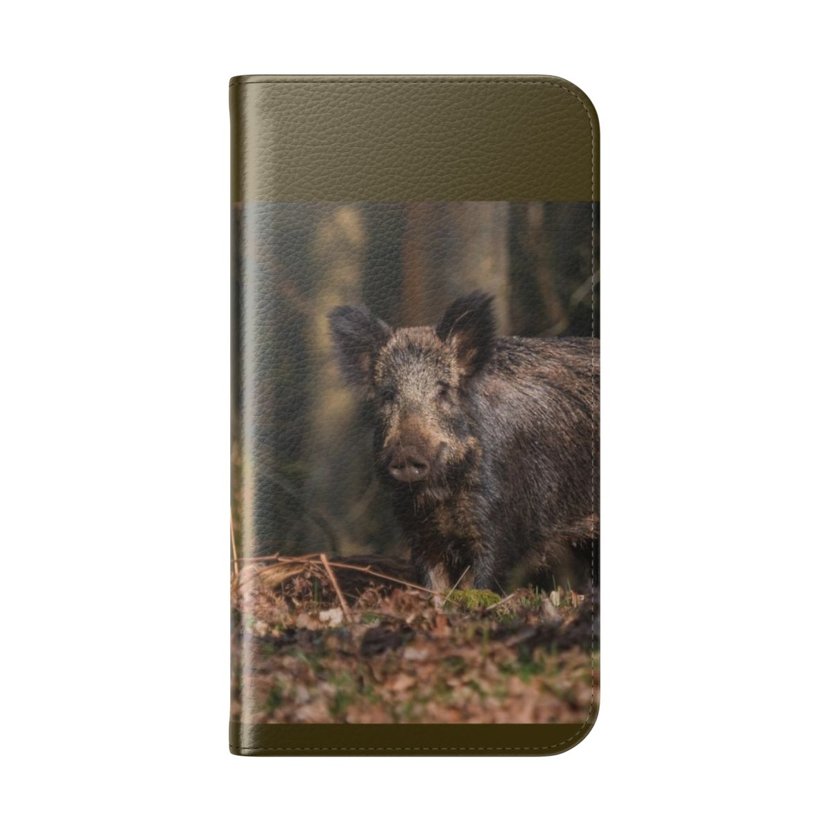 Flip cover phone case with beautiful image of a wild boar sow - Folded Back