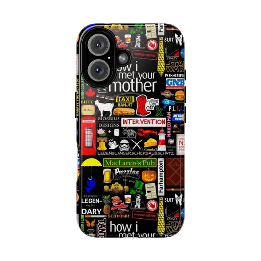 HIMYM-inspired phone case featuring a collage of iconic symbols from the TV series