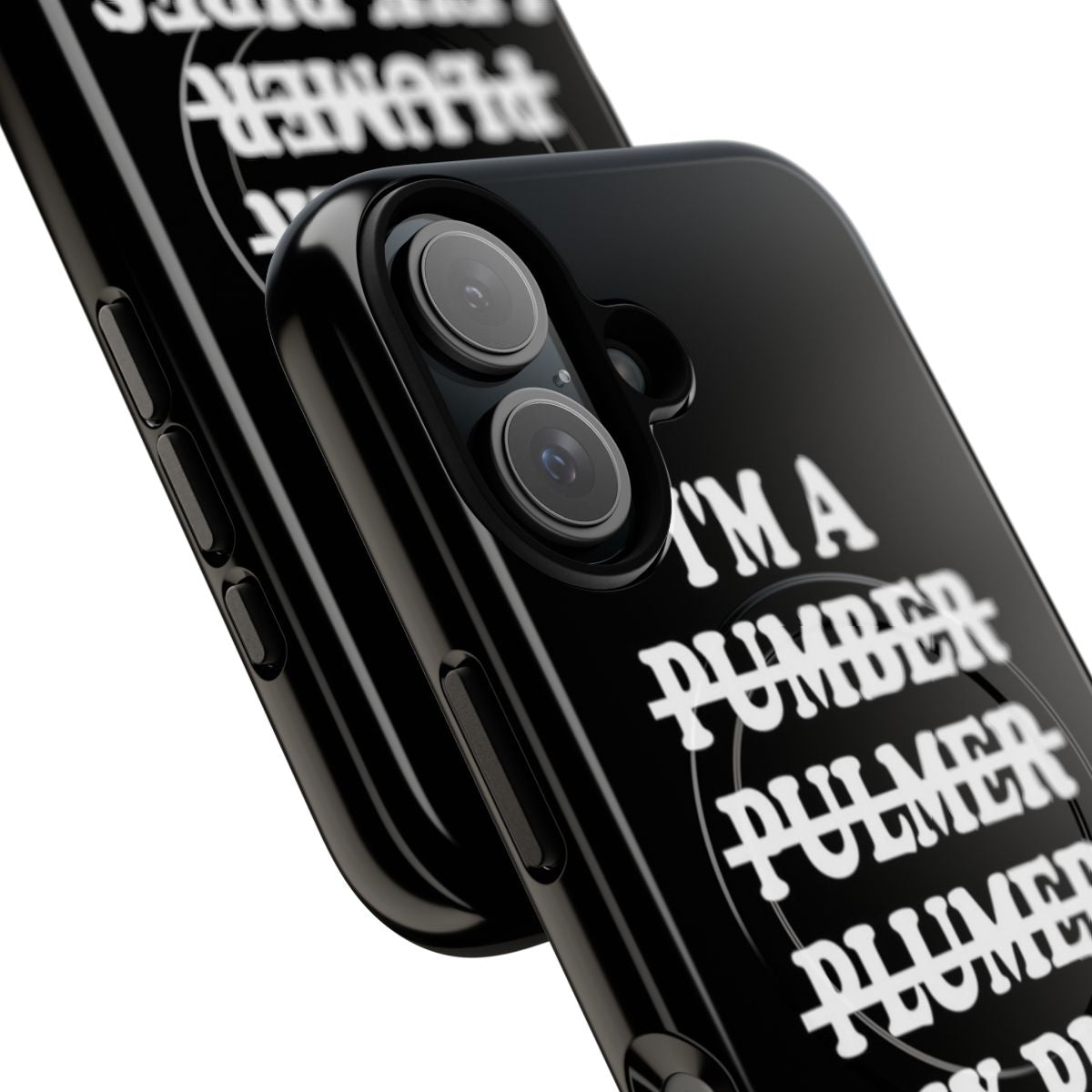 A magnetic, tough phone case featuring a plumber-themed design with tools and references to fixing pipes. - Detail