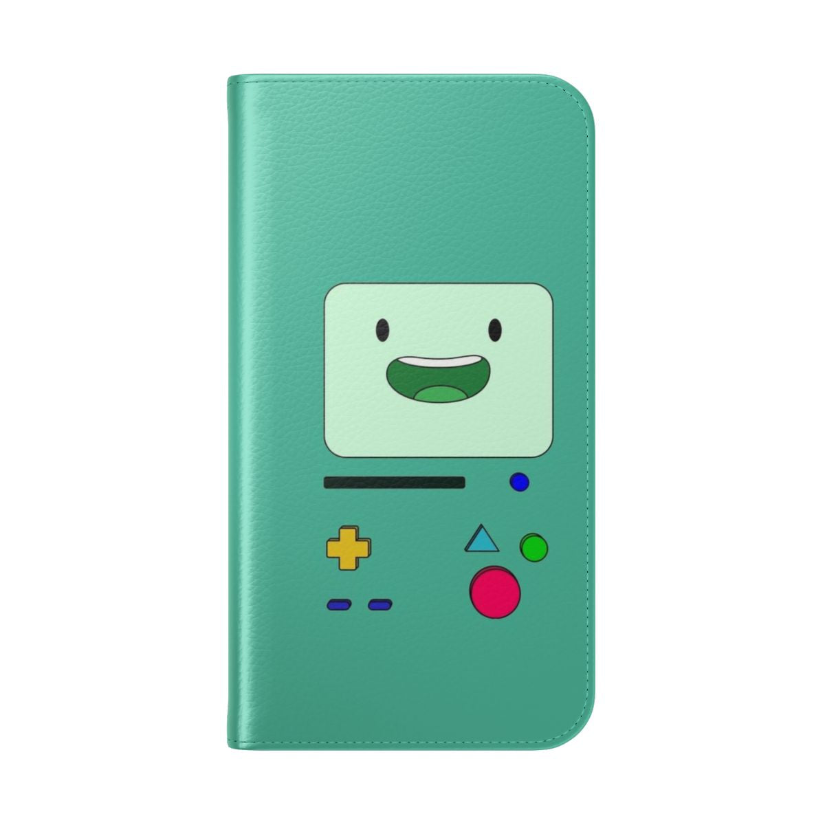 Flip phone case featuring a kawaii, cartoon-style image of the character BMO from the popular animated series Adventure Time waving and sitting - Folded Back