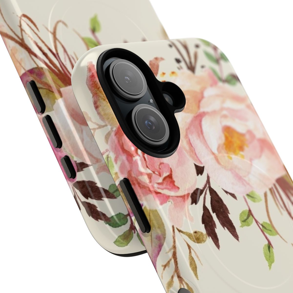 Watercolor painting of a beautiful pink and white flower bouquet on a smartphone case. - Detail