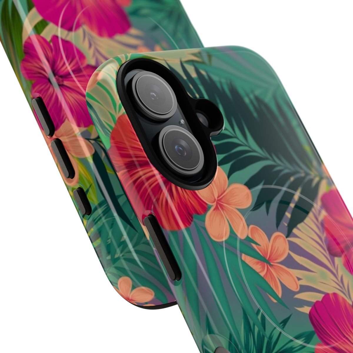 Vibrant tropical floral and beach sunset pattern on a magnetic tough phone case - Detail