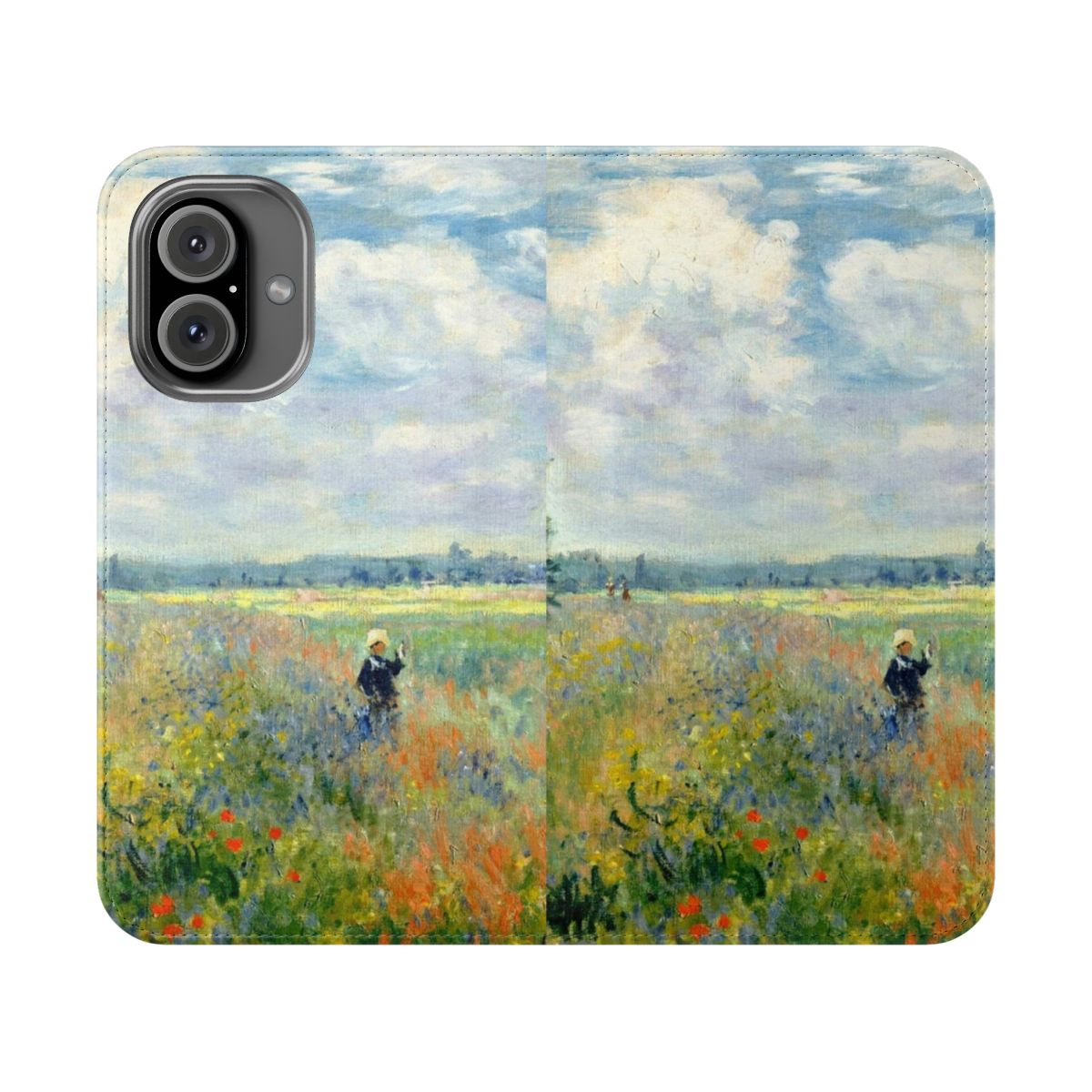 Smartphone case featuring a vibrant poppy field design inspired by the artwork of Claude Monet, the renowned Impressionist painter.