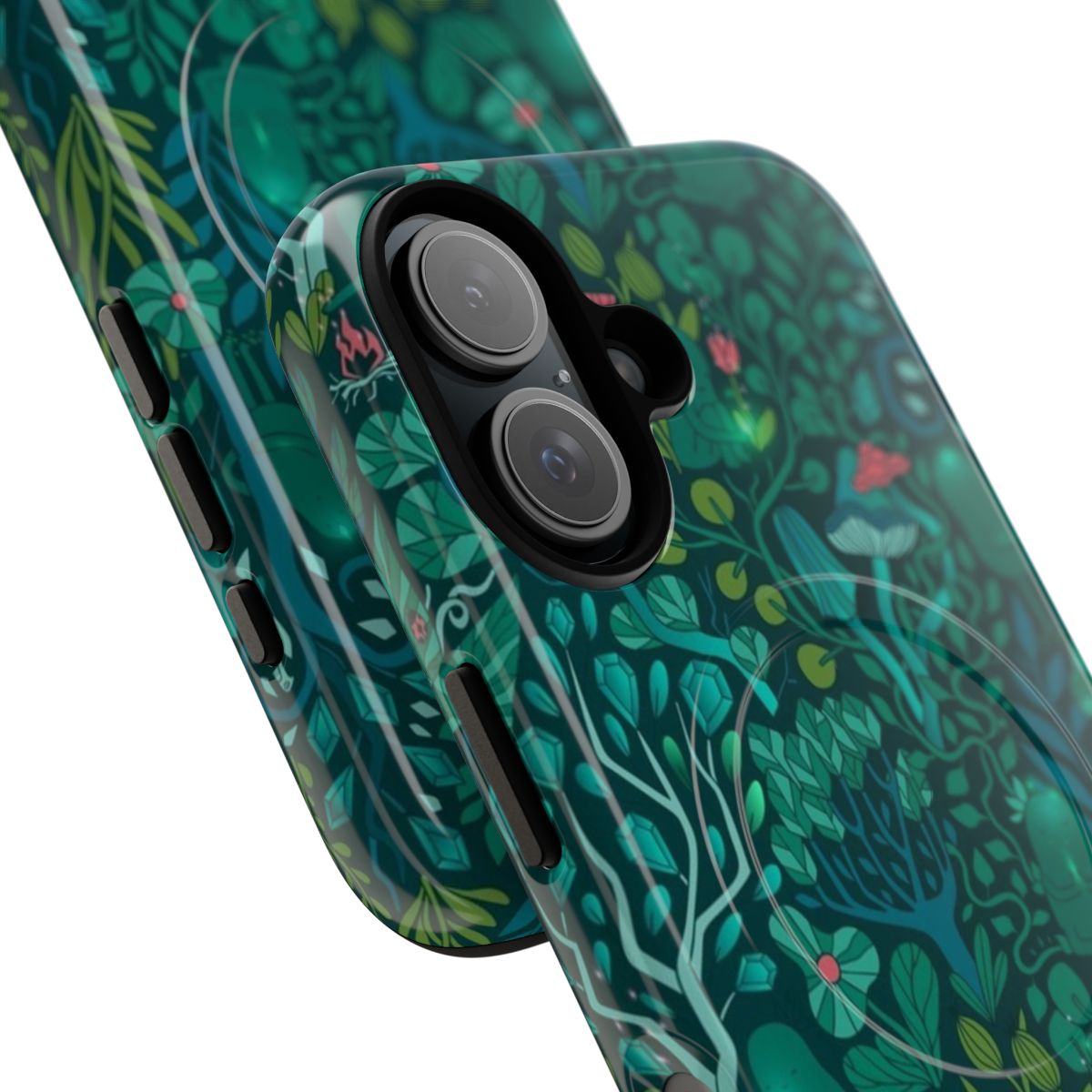 Magnetic tough phone case with a vibrant emerald forest design featuring fairy woodland creatures, plants, and mushrooms. - Detail