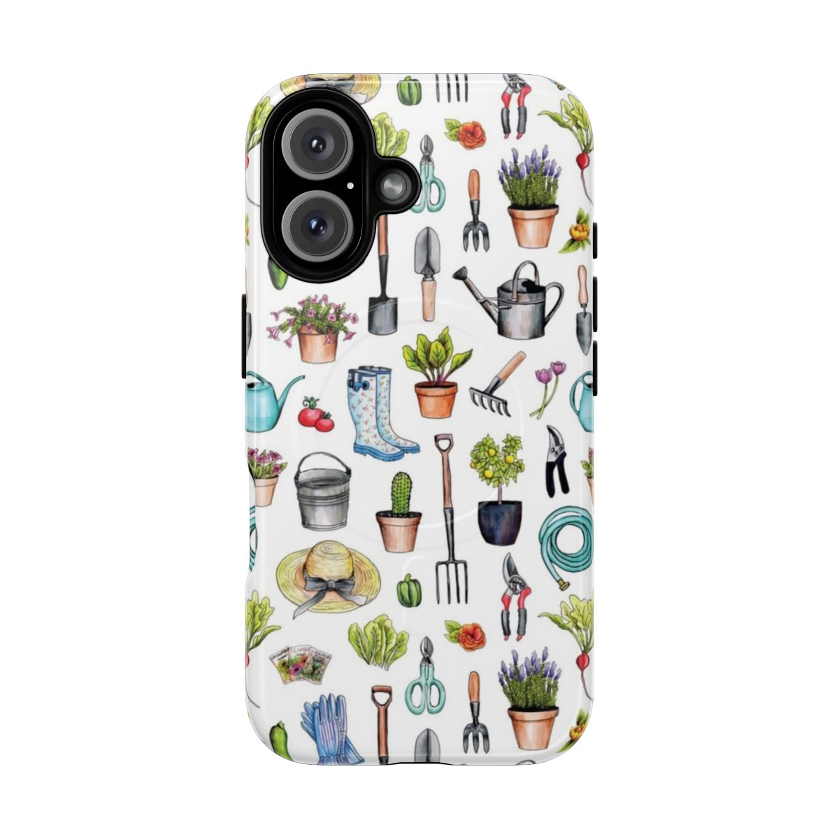 Magnetic phone case with a spring gardening pattern featuring various garden tools and supplies