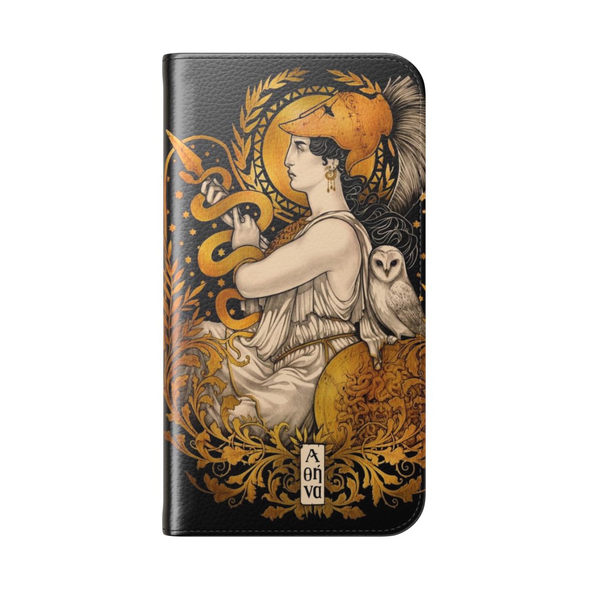 Pallas Athena-themed phone case with art nouveau design, featuring a golden owl and snake motifs - Folded Back