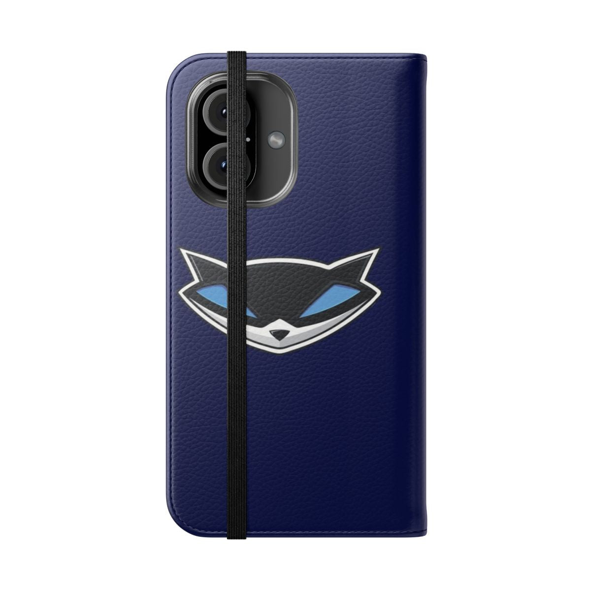 Sly Cooper-themed flip cover phone case with a playful raccoon logo - Folded Front