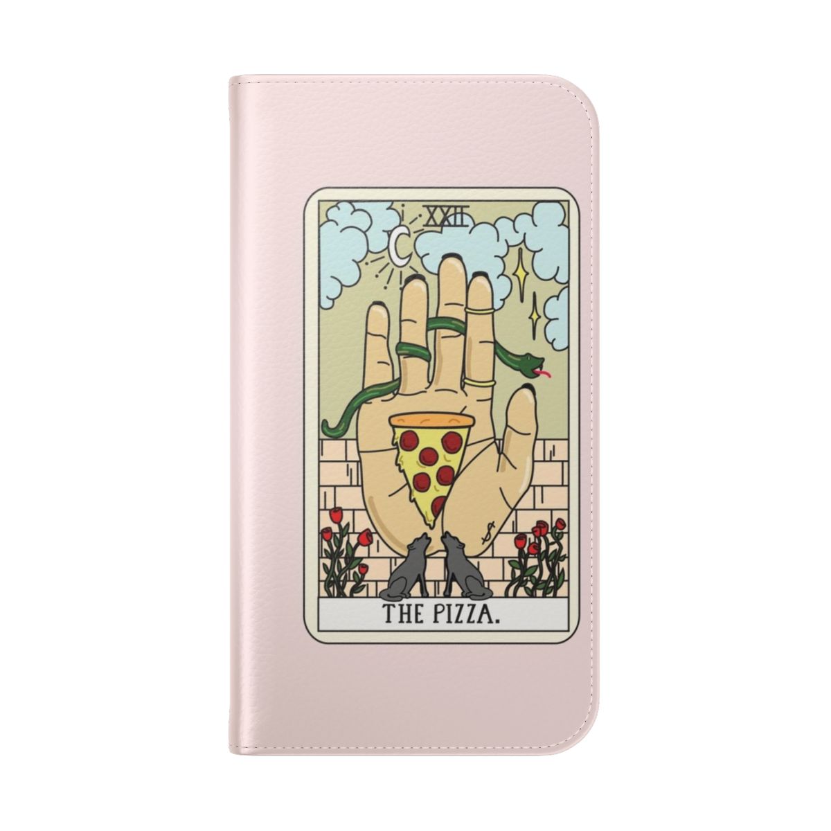 Mystical pizza reading flip cover phone case with tarot, moon, and stars design - Folded Back