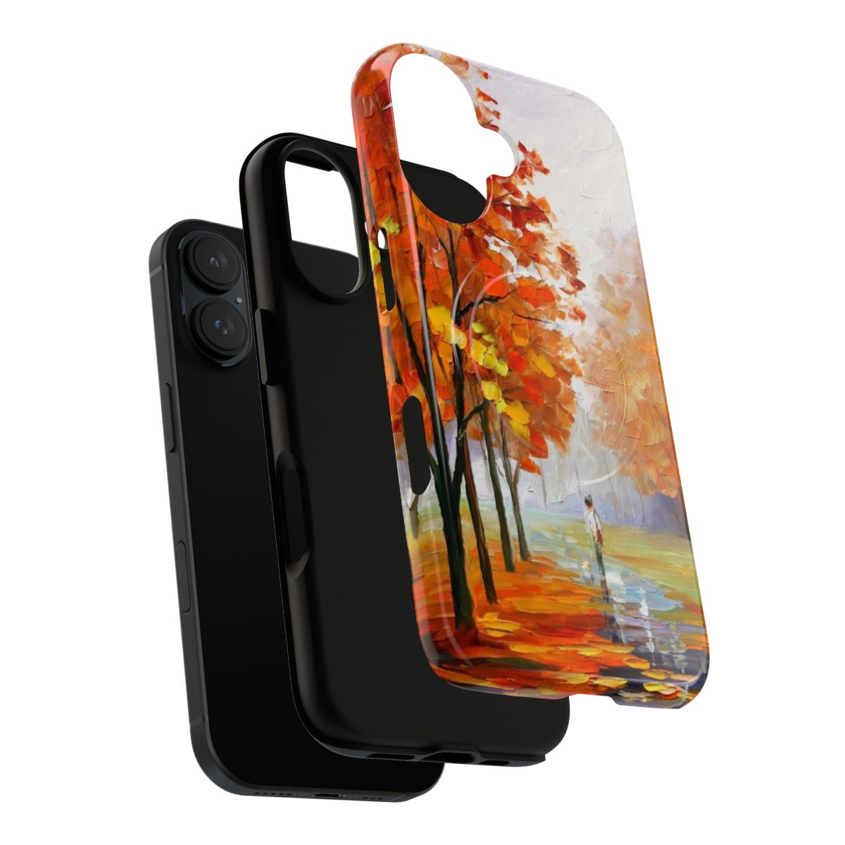 Artistic phone case featuring a colorful Leonid Afremov-style foggy forest landscape - Layers