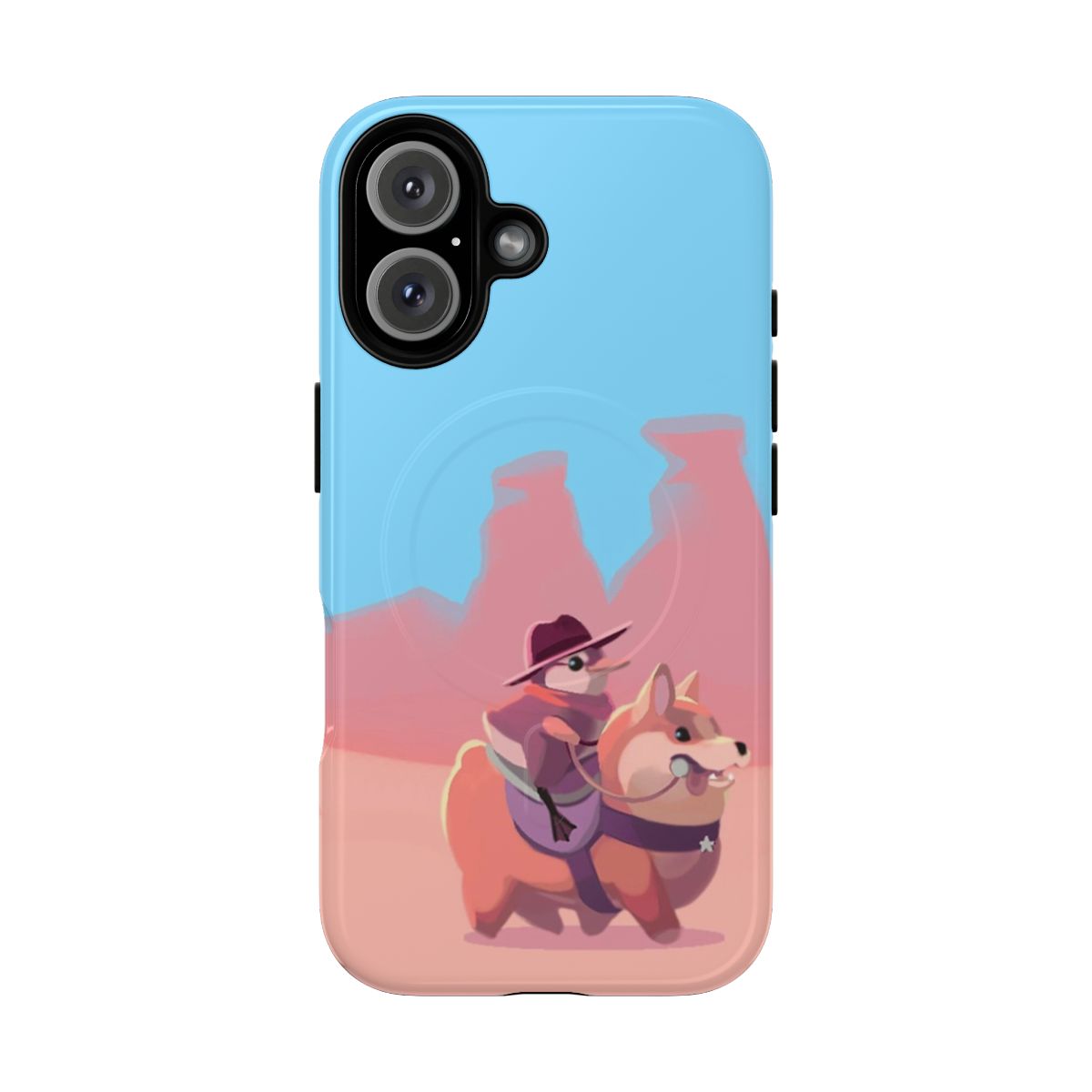 Illustration of a yellow duckling sheriff and a corgi deputy on a magnetic protective phone case