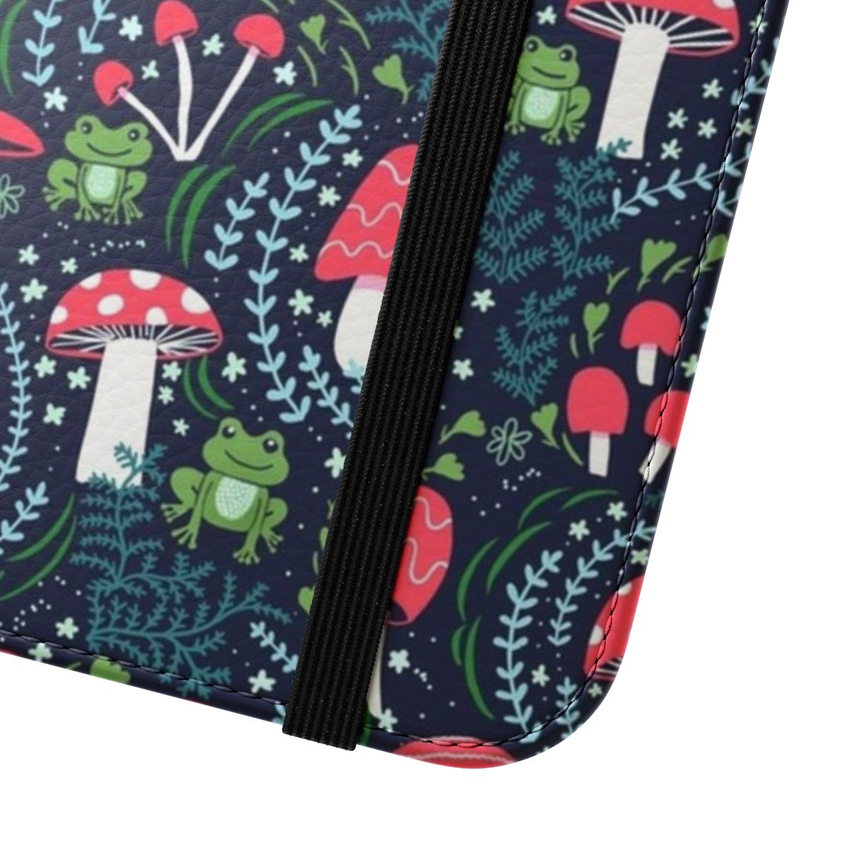 Illustration of mushrooms, toadstools, and frogs on a flip cover phone case - Close Up