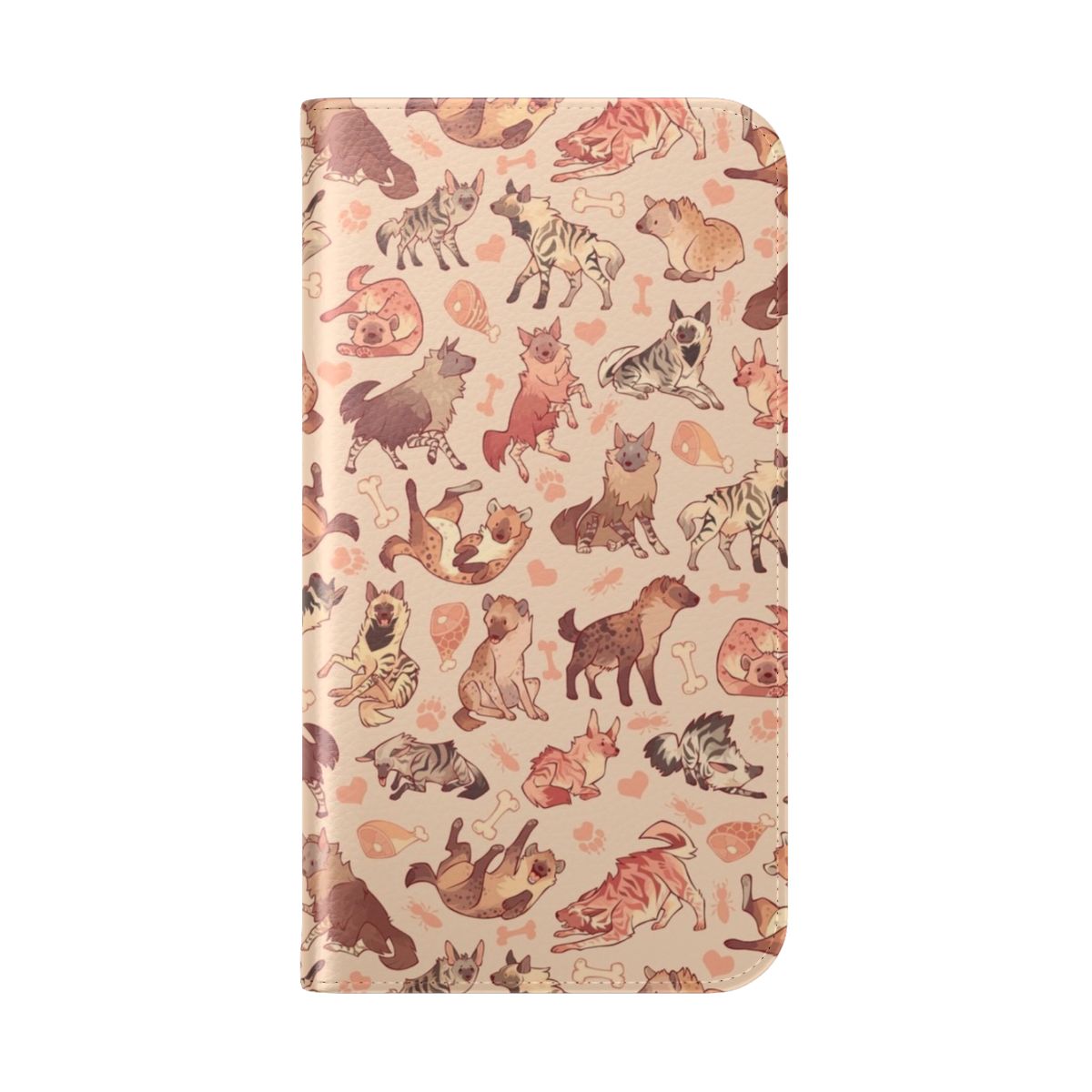 Closeup of a spotted hyena on a vibrant orange phone case with a flip cover. - Folded Back