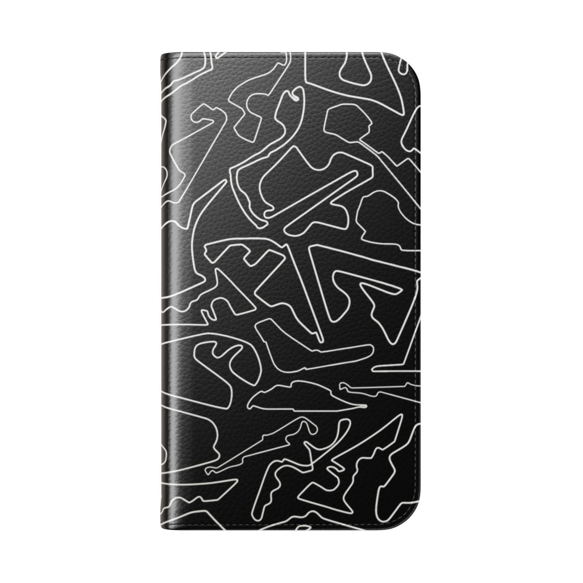 Flip cover phone case featuring a sleek black background with abstract race track design. - Folded Back