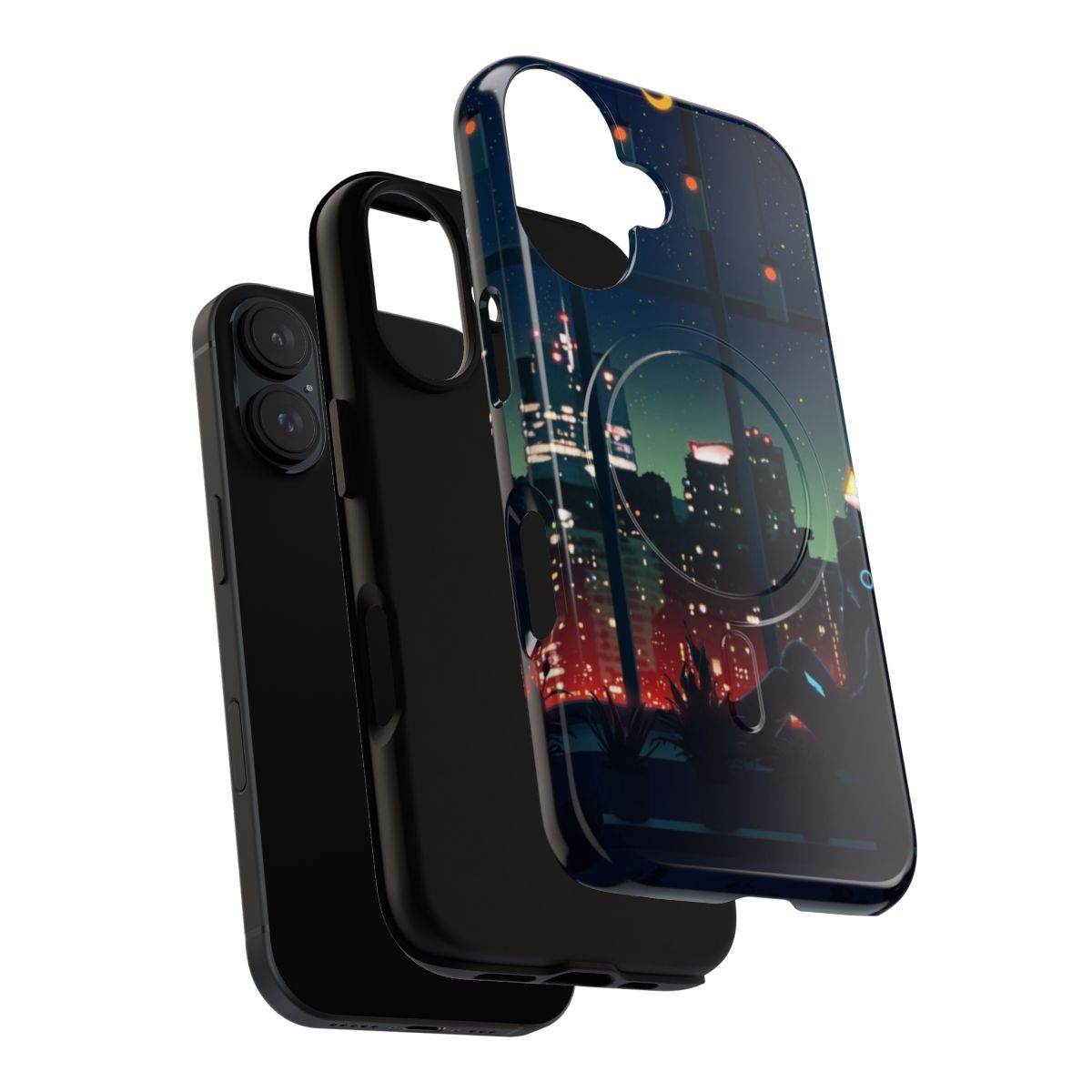 A phone case featuring a nostalgic, lo-fi inspired design with a peaceful city skyline against a night sky. - Layers