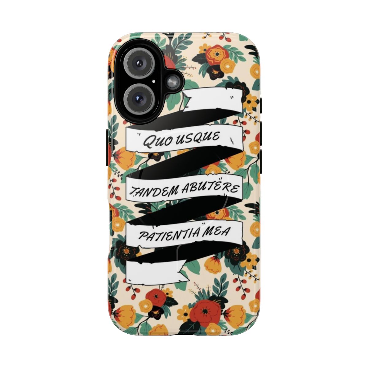 Floral phone case featuring quotes and writings from ancient Roman orator Cicero