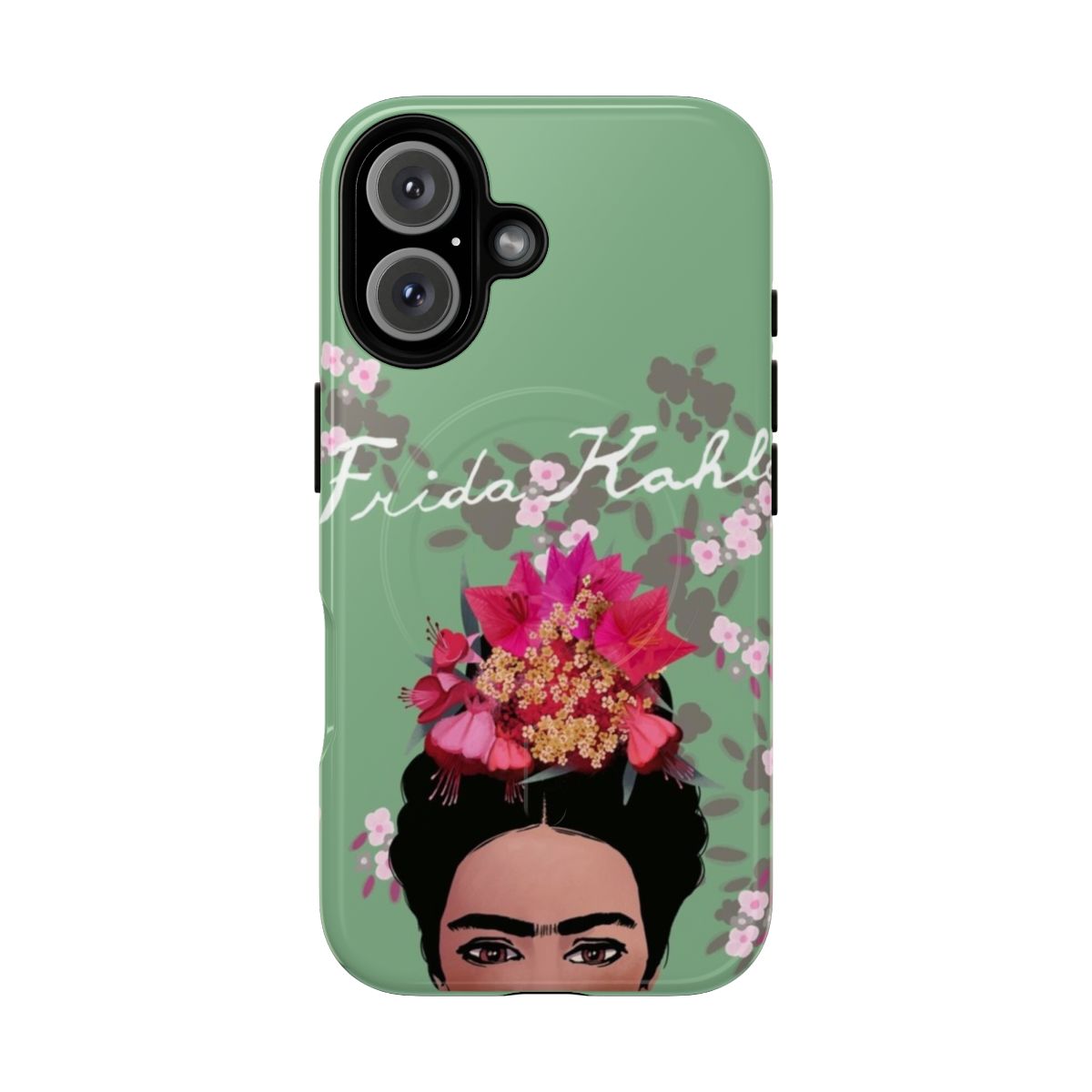 Vibrant and artistic phone case featuring a portrait of Mexican painter Frida Kahlo surrounded by colorful flowers and leaves.