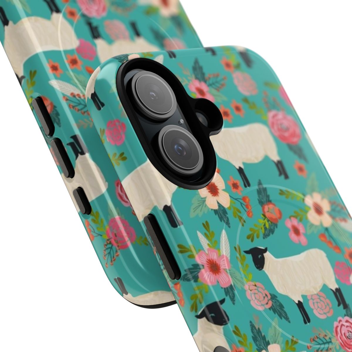 Cute sheep farm sanctuary floral pattern design on a magnetic tough phone case - Detail