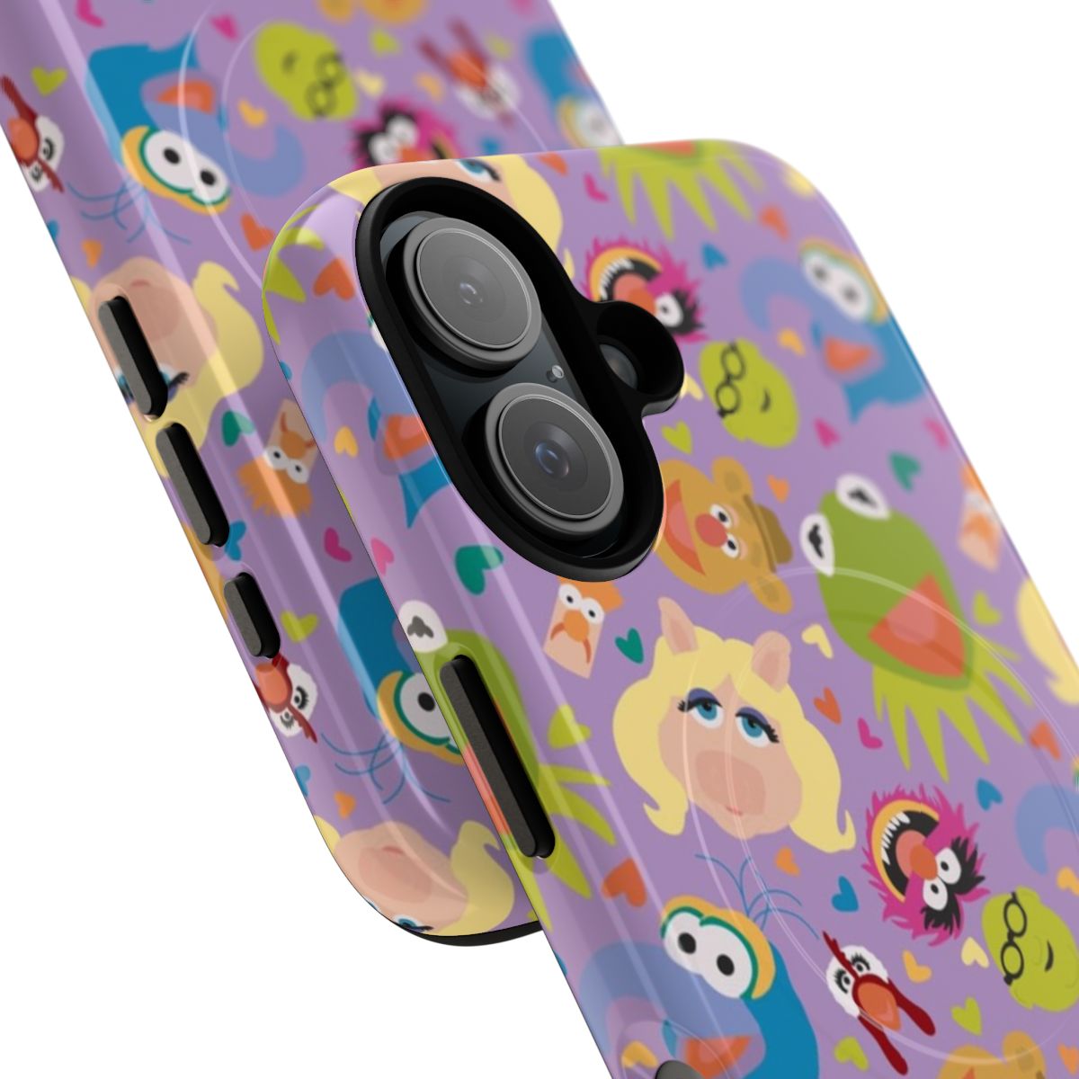 A colorful, retro-style phone case featuring a repeating pattern of popular Muppet characters like Kermit, Miss Piggy, Animal, and Gonzo. - Detail