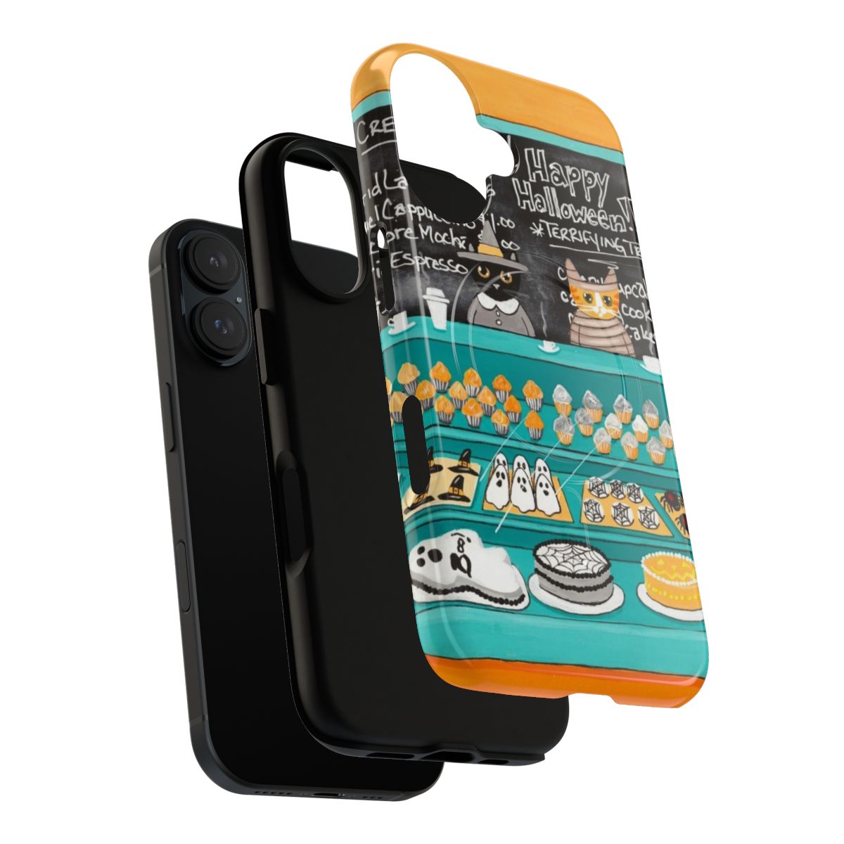 Whimsical phone case featuring Halloween-themed bakery items and adorable cats in costumes - Layers