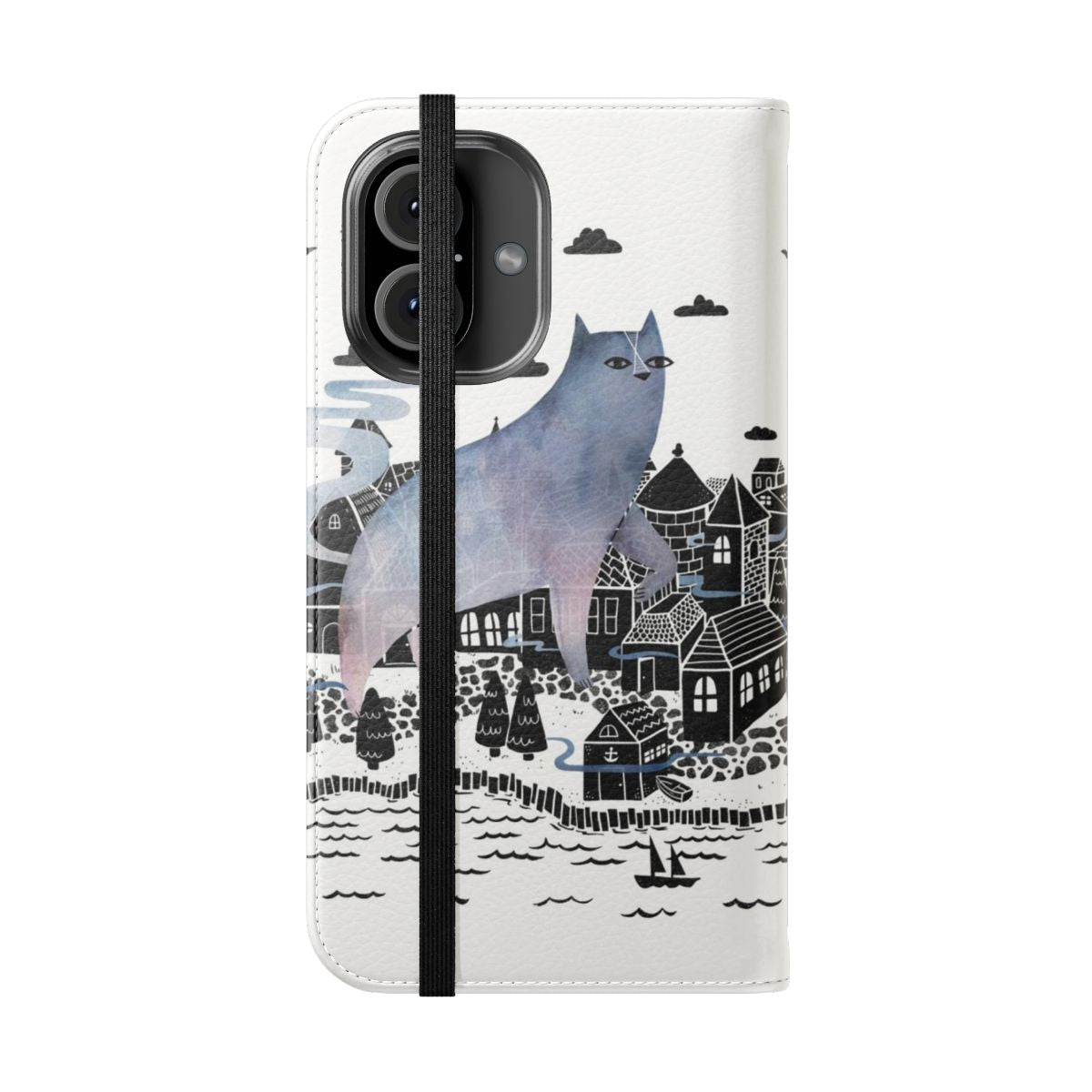 A moody and mystical flip cover phone case featuring a watercolor landscape of a foggy town. - Folded Front