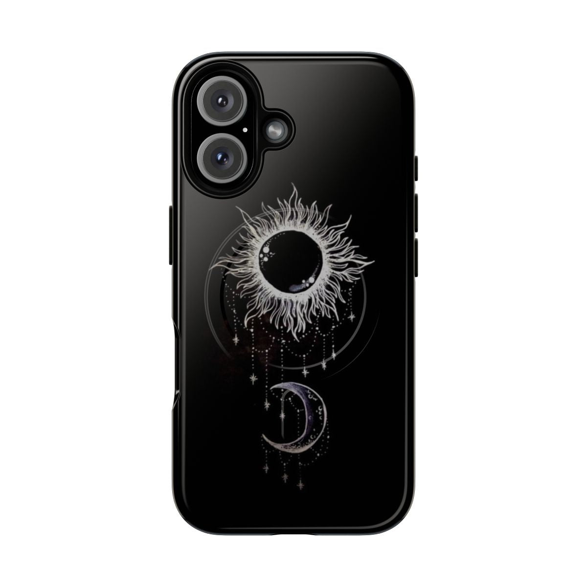 Magnetic tough phone case with moon, sun, and stars design.