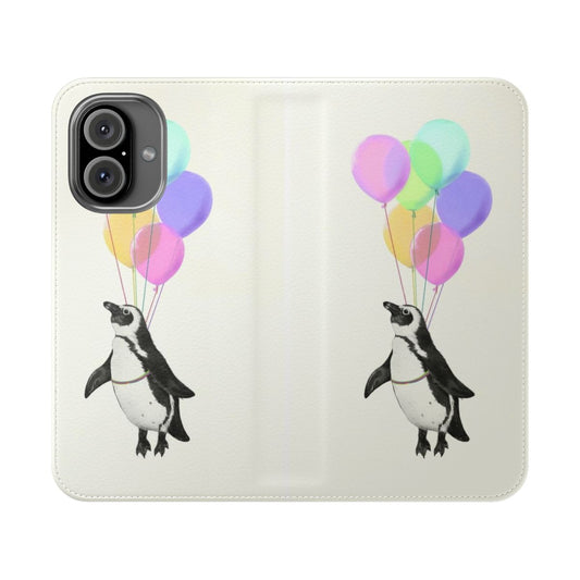 Whimsical flip phone case featuring a penguin flying with colorful balloons