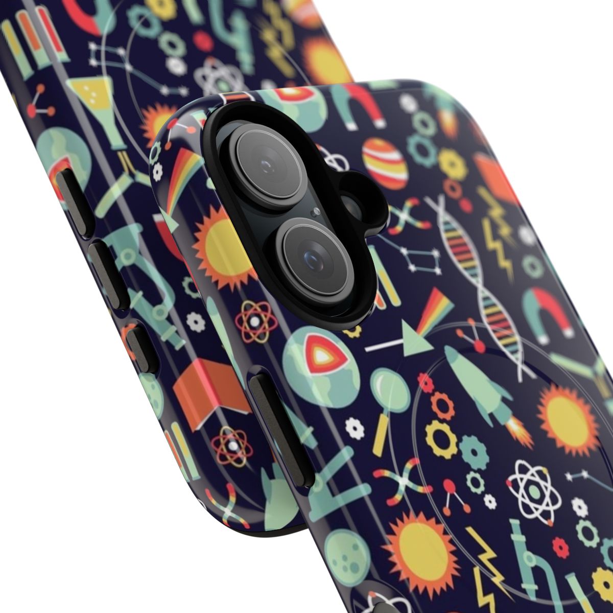 Stylish science-themed magnetic protective phone case with damask pattern and laboratory elements - Detail