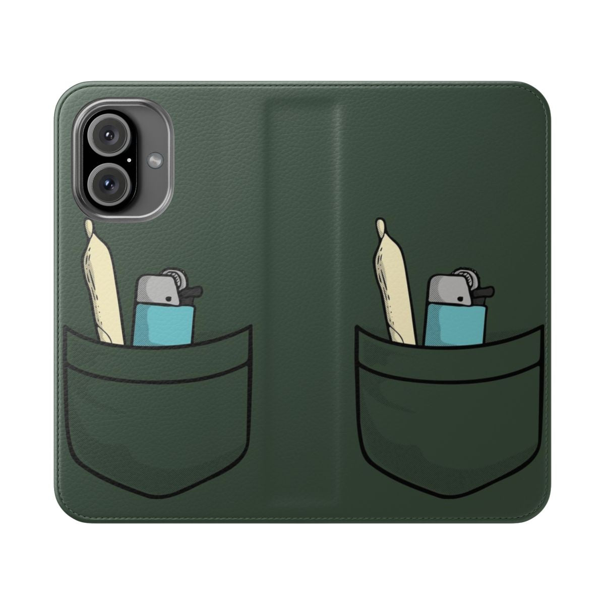 Flip phone case featuring a weed joint and lighter illustration